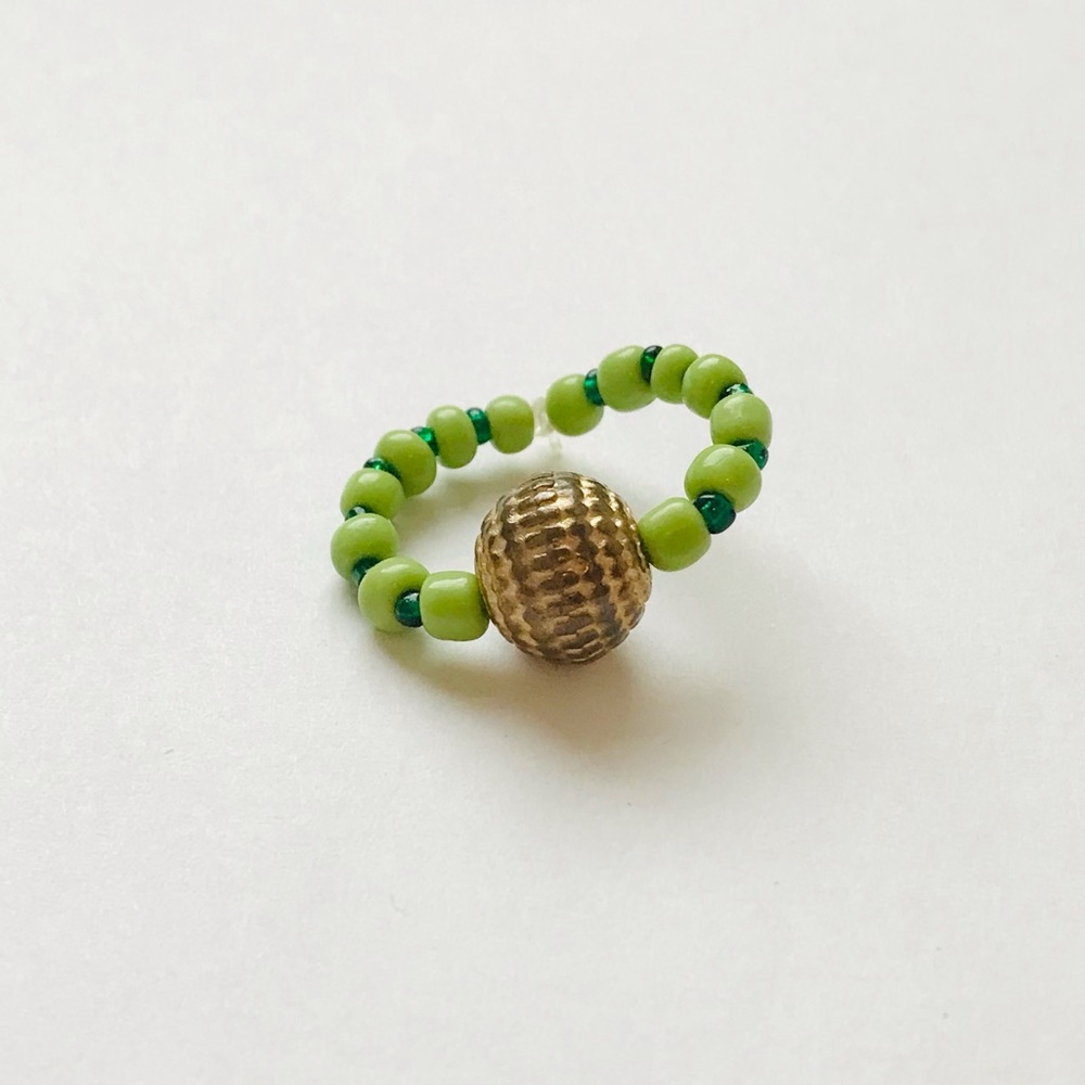 Handmade Beaded Green and Gold Ring